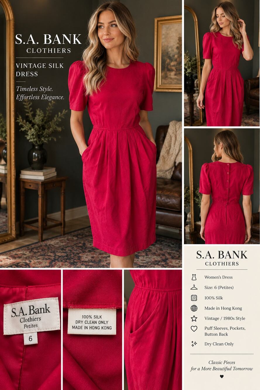 Vintage S.A. Bank Red Silk Puff Sleeve Dress Size 6